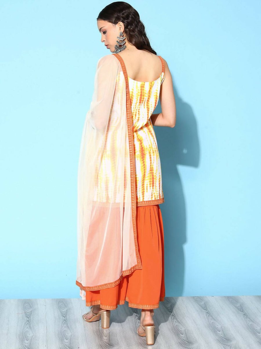 Ahalyaa Women's Orange Crepe Printed Kurta Sharara Set With Dupatta - Distacart