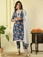 Myshka Women's Blue Pure Cotton Kurta & Trousers With Dupatta Party Sets