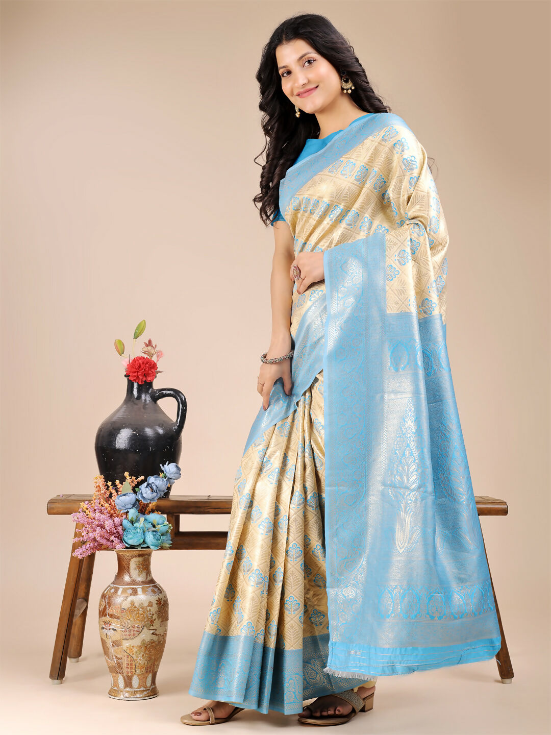 Shree Shyam Fashion Aura Silk Cream Sky Blue Banarasi Silk Saree