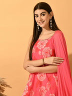 Myshka Women's Pink Festive Flared Anarkali Kurta With Dupatta sets