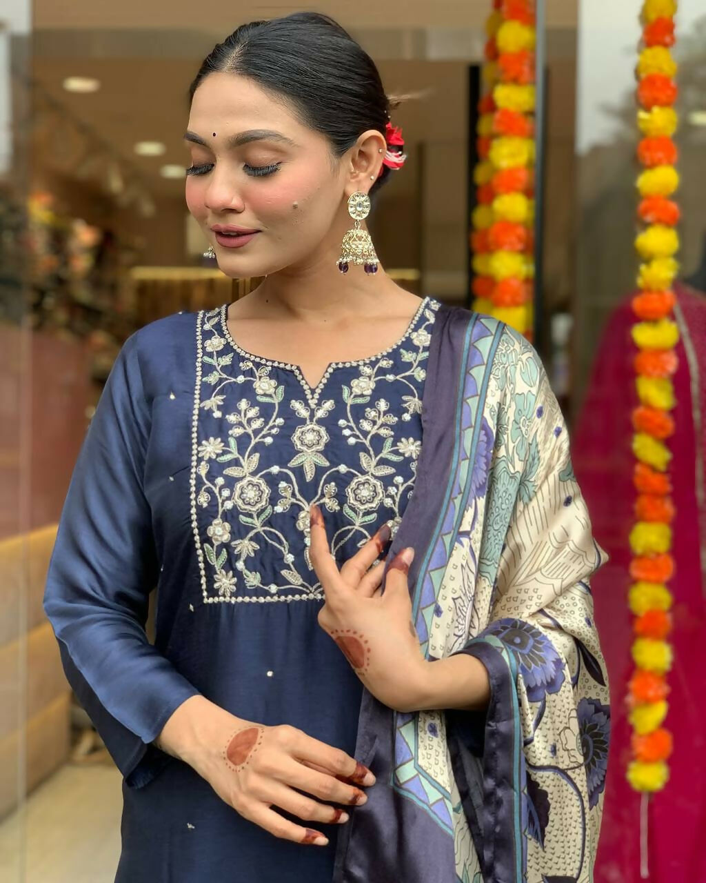 The52 Navy Blue Women's Beautiful Viscose Chanderi Fabric Embroidered Work Straight Kurta Pant and Dupatta Set - Distacart