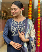 The52 Navy Blue Women's Beautiful Viscose Chanderi Fabric Embroidered Work Straight Kurta Pant and Dupatta Set - Distacart