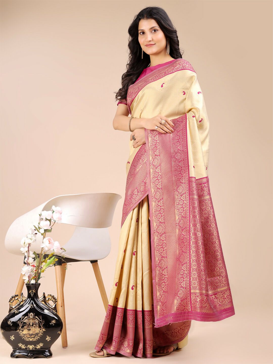 Shree Shyam Fashion Aura Silk Cream Magenta Banarasi Silk Saree