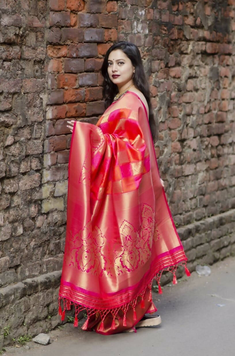 DEIANA'S Beautiful Designer Golden zari Soft Lichi Silk Saree - Red