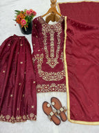 Teeya Creation Maroon Gimmy Silk Designer Embroidery Work Wedding Wear Palazzo Pair