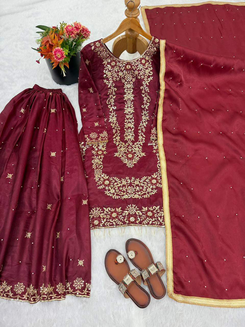 Teeya Creation Maroon Gimmy Silk Designer Embroidery Work Wedding Wear Palazzo Pair