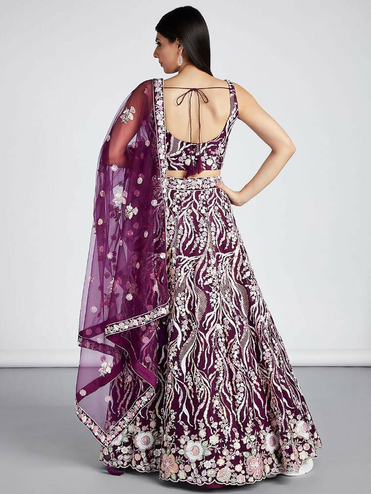 House of Panchhi Burgundy Net Sequins And Thread Embroidery Lehenga Choli & Dupatta