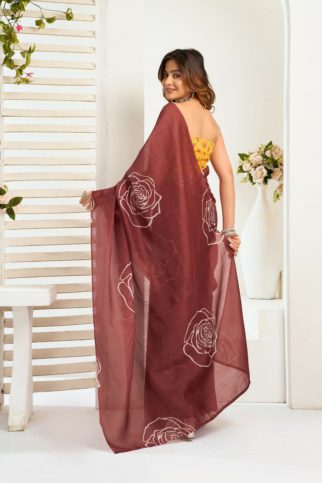 Vastranavya Dark Brown Digital Printed Linen Ready To Wear Designer Saree with Unstitched Blouse - Distacart