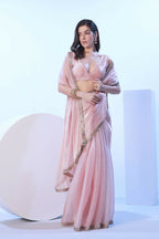 Baby Pink Burberry Solid Designer & Lace Work Saree - Samaa