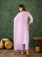 The52 Purple Women's Gorgeous Cotton Blend Fabric Thread Work Straight Kurta, Pant and Dupatta Set - Distacart