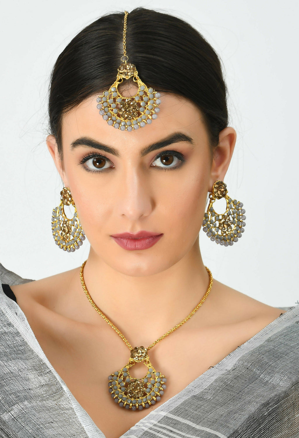 Mominos Fashion Johar Kamal Gold-Plated Brass Finish Long Necklace For Women (Golden/Grey) - Distacart