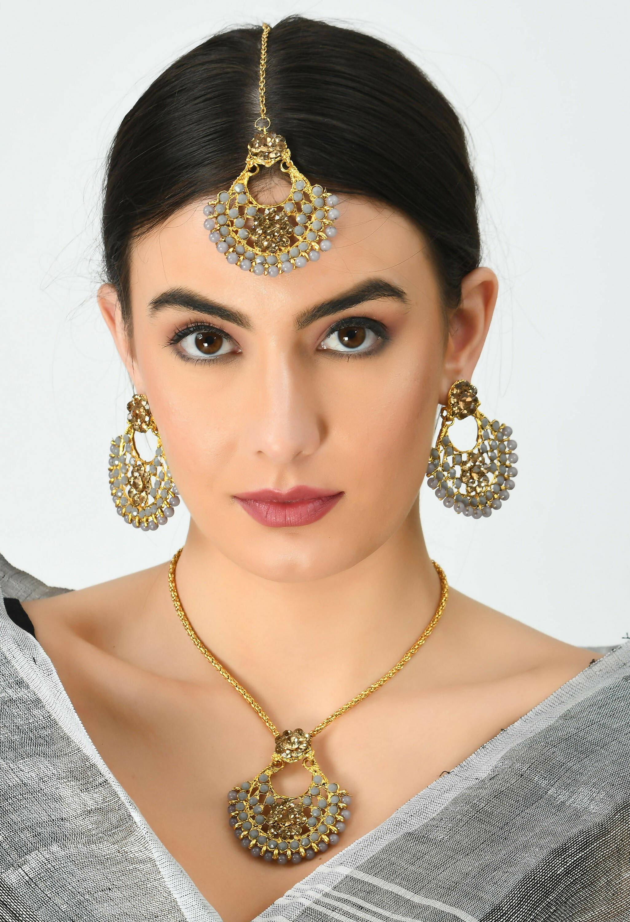 Mominos Fashion Johar Kamal Gold-Plated Brass Finish Long Necklace For Women (Golden/Grey) - Distacart