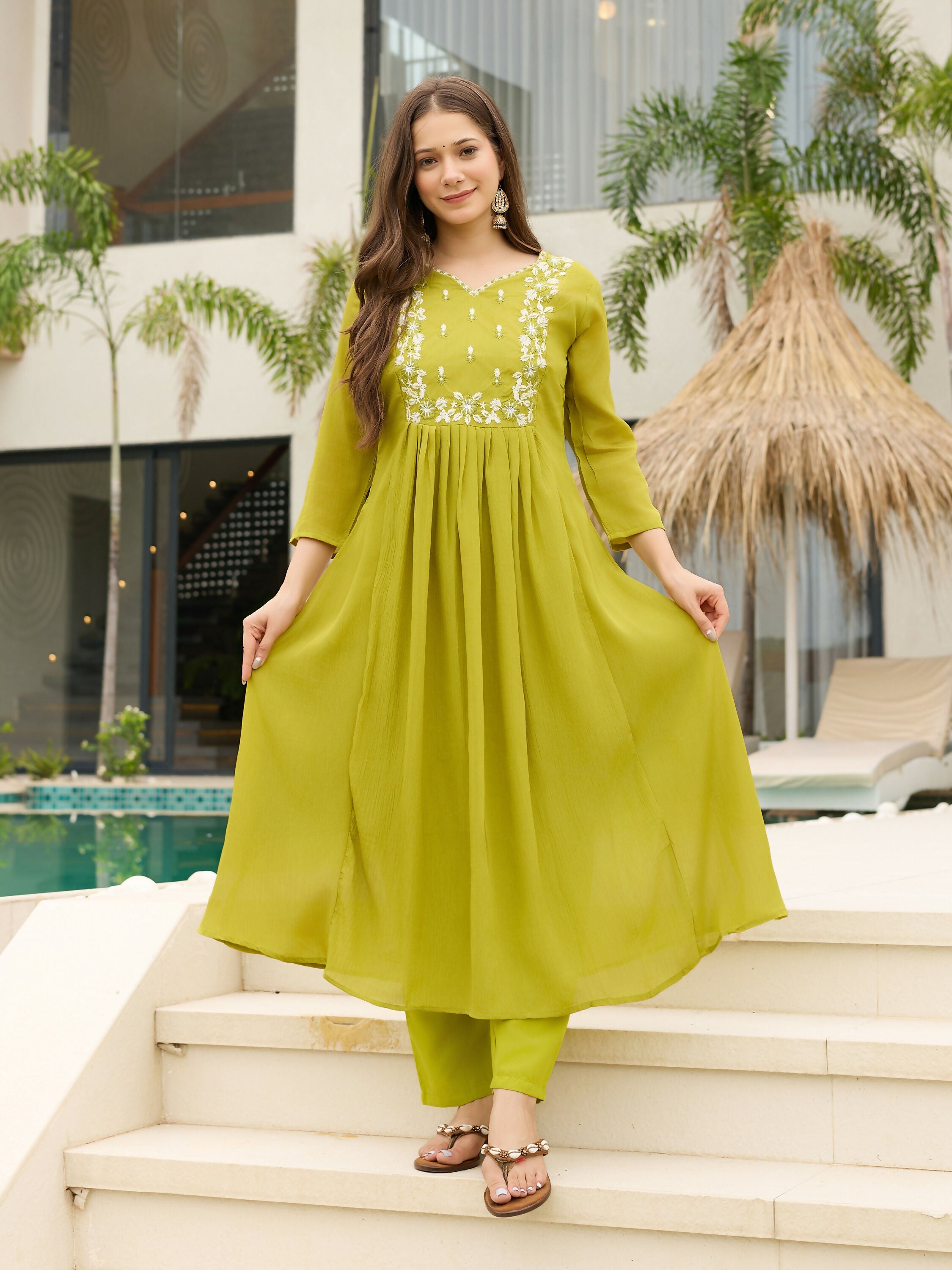 The52 Lemons Women's Gorgeous Chinon Embroidered Flared Kurta with Pant And Dupatta Set - Distacart