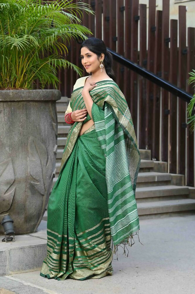 Beatitude Green Cotton Stripes Border Handloom Saree