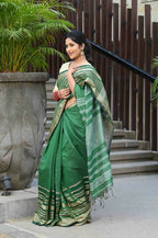 Beatitude Green Cotton Stripes Border Handloom Saree