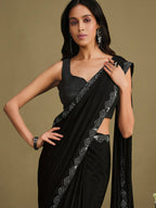 Black Crepe Silk Sequence Embroidered & Stone Work With Sequence Work Jacket Saree With Stitched Blouse - Mohmanthan La Belle