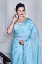 Morchari Blue Chiffon Hand Embroidery Saree And Stitched Blouse - Distacart