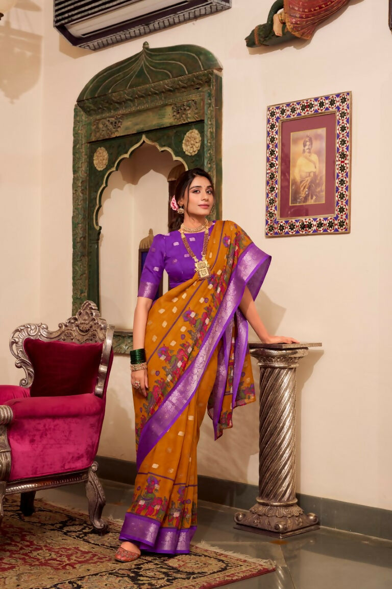 Vastranavya Mustard Poly Cotton Kalamkari Printed Saree with Unstitched Blouse