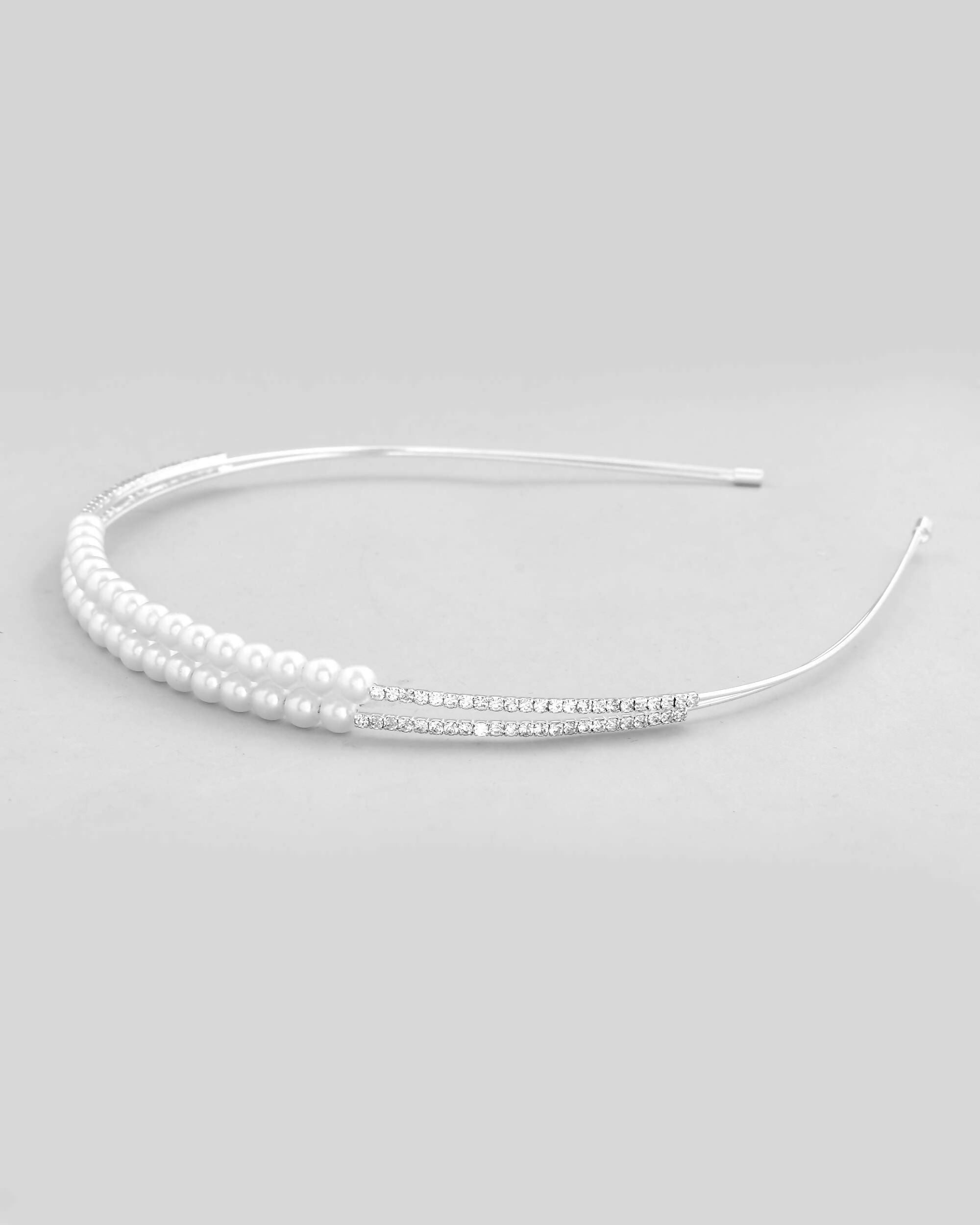 VOJ Silver Plated Pearl Studded Double Layer Hairband