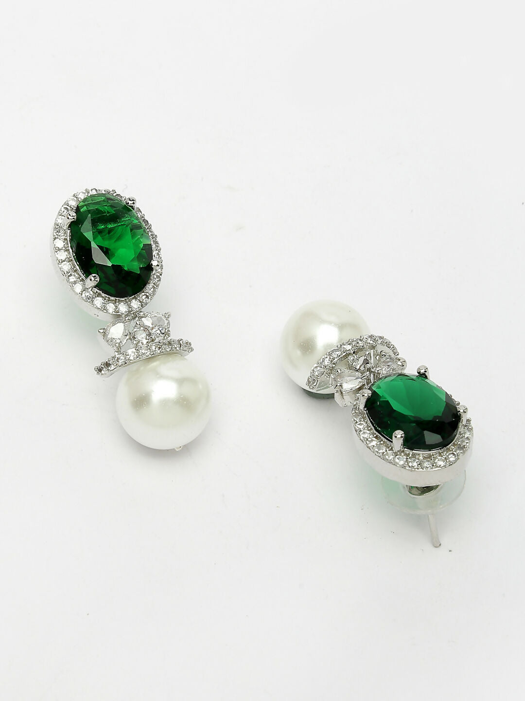 NVR Women's Silver-Plated Green American Diamond Studded Handcrafted Jewellery Set