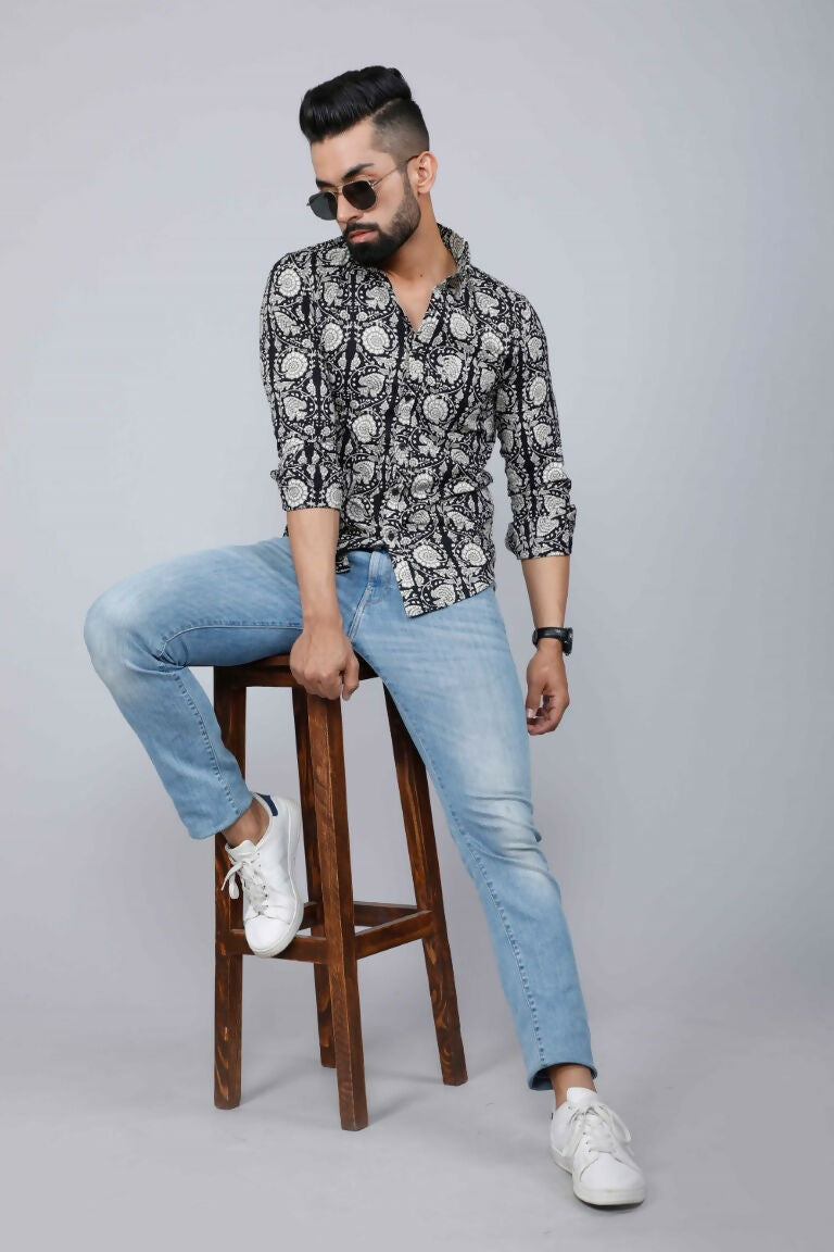 Miravan Men's Black Comfort Floral Printed Cotton Casual Shirt