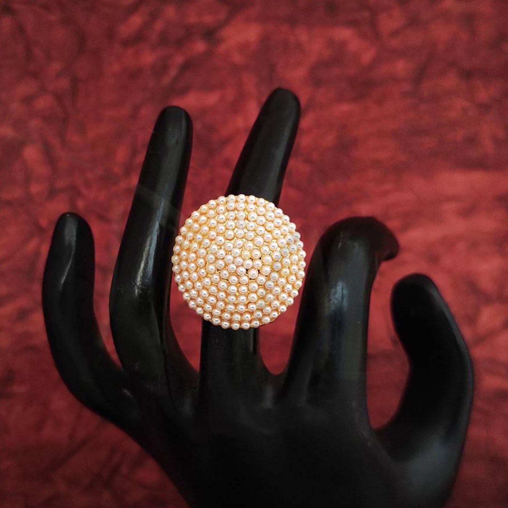 JS Fashion High Gold Polish Fancy Design Clustered Pearl Designer Antique Finger Ring for Women | Adjustable Ethnic Statement Jewellery for Wedding, Party & Festive | Vintage Pearl Gift