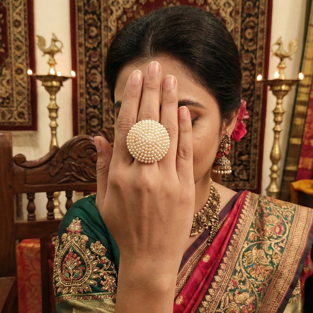 JS Fashion High Gold Polish Fancy Design Clustered Pearl Designer Antique Finger Ring for Women | Adjustable Ethnic Statement Jewellery for Wedding, Party & Festive | Vintage Pearl Gift