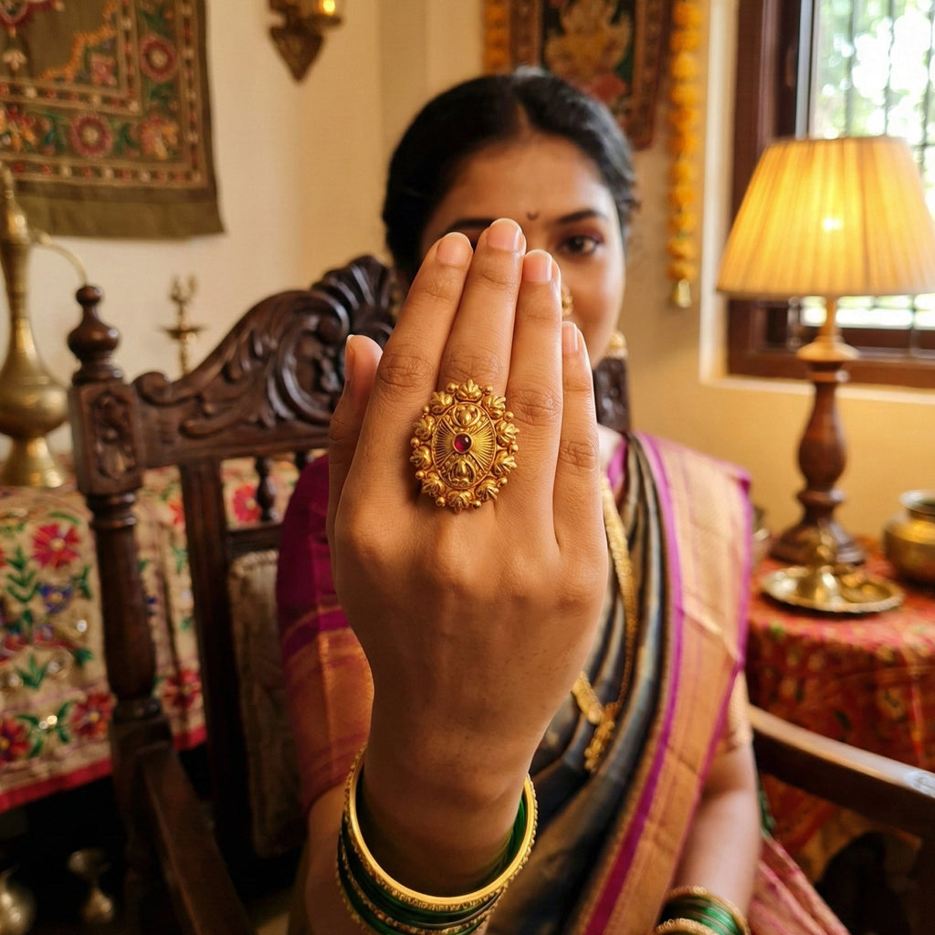 JS Fashion Antique Jewellery Design High Gold Polish Party Wear Finger Rings for Women | Adjustable Ethnic Statement Rings for Wedding, Cocktail & Festive | Vintage Royal Gift Set