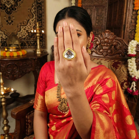 JS Fashion Kundan High Gold Polish Full Stone Designer Finger Rings for Women | Adjustable Ethnic Bridal Jewellery for Wedding, Party & Festive | Statement Ring Gift Set