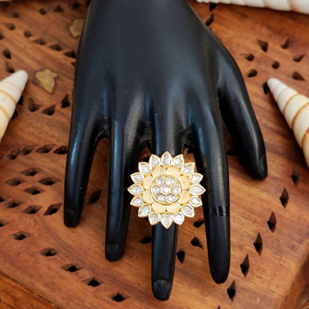 JS Fashion Beautiful Full Stone Kundan High Gold Polish Finger Rings for Women | Adjustable Royal Ethnic Bridal Jewellery for Wedding, Party & Festive | Statement Ring Gift Set