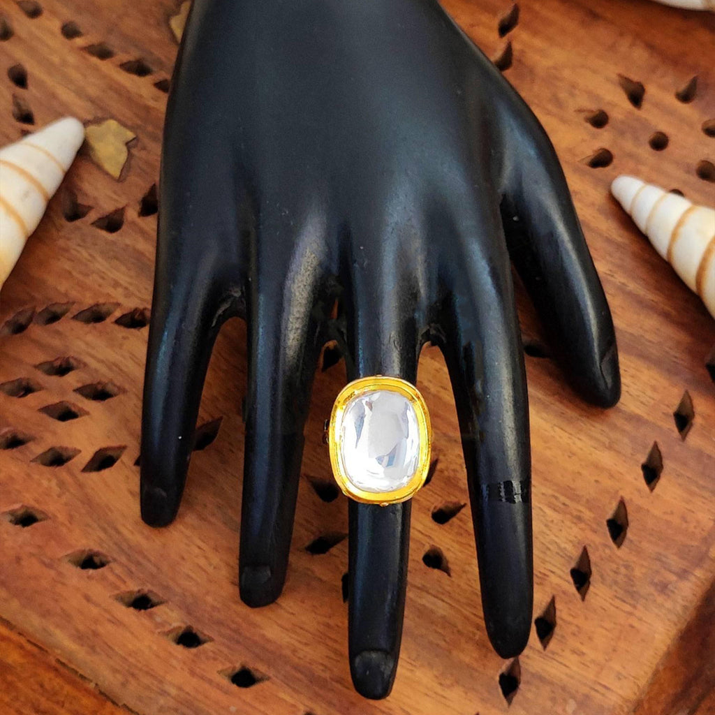 JS Fashion Beautiful High Gold Polish Full Kundan Stone Party Wear Finger Rings for Women | Adjustable Ethnic Bridal Jewellery for Wedding, Cocktail & Festive | Royal Statement Gift