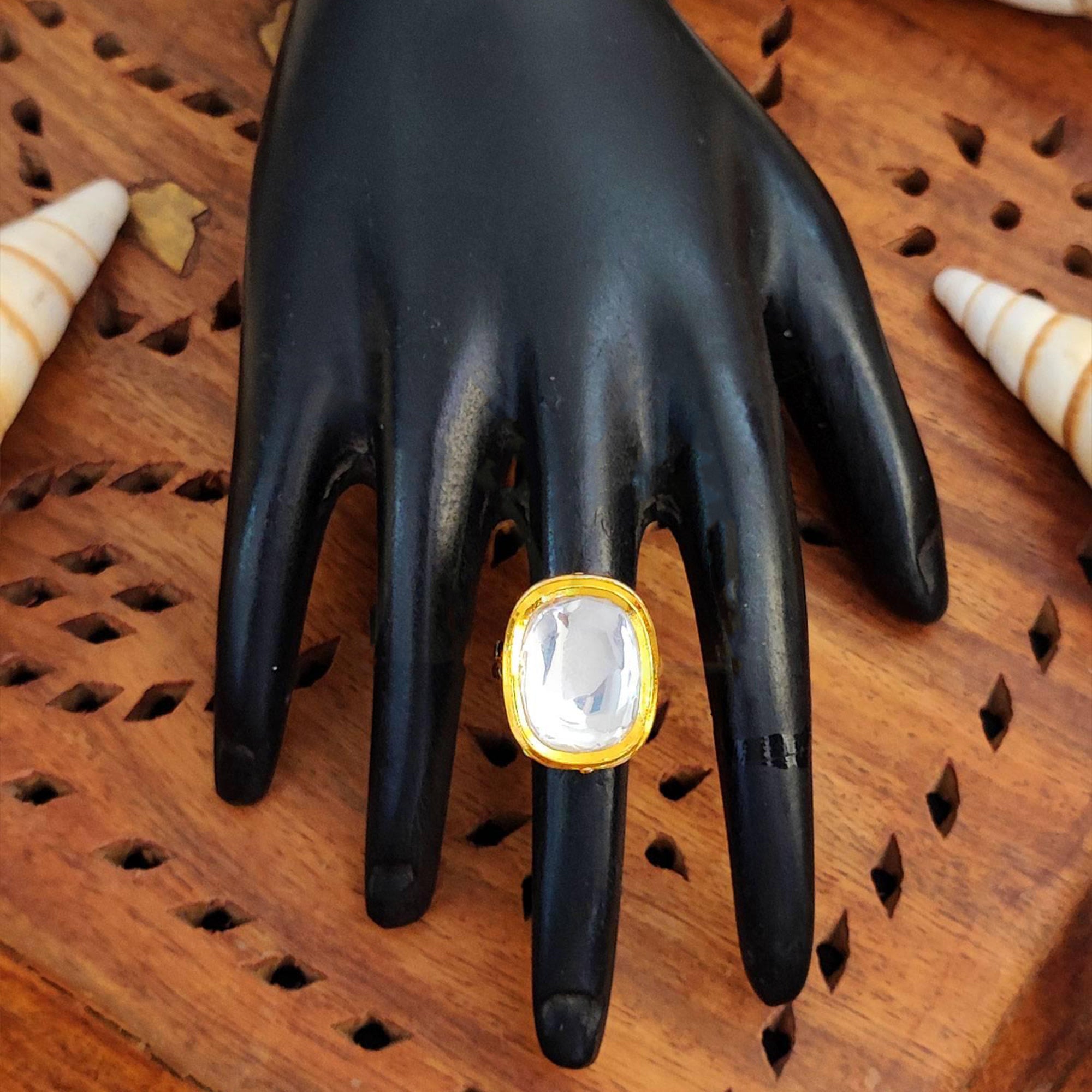 JS Fashion Beautiful High Gold Polish Full Kundan Stone Party Wear Finger Rings for Women | Adjustable Ethnic Bridal Jewellery for Wedding, Cocktail & Festive | Royal Statement Gift