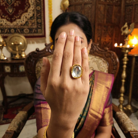 JS Fashion Beautiful High Gold Polish Full Kundan Stone Party Wear Finger Rings for Women | Adjustable Ethnic Bridal Jewellery for Wedding, Cocktail & Festive | Royal Statement Gift