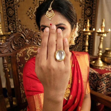 JS Fashion Beautiful Designer High Gold Full Stone Finger Rings for Women | Adjustable Ethnic Bridal Statement Jewellery for Wedding, Party & Festive | Royal Glam Ring Gift
