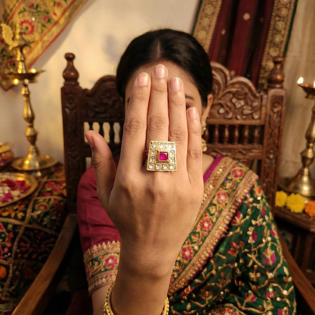 JS Fashion High Gold Square Kundan Adjustable Finger Ring for Women|Royal Square Stone Ring Gift