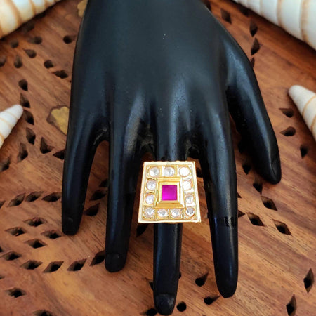 JS Fashion High Gold Square Kundan Adjustable Finger Ring for Women|Royal Square Stone Ring Gift