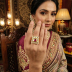 JS Fashion High Gold Square Kundan Adjustable Finger Ring for Women|Royal Square Stone Ring Gift