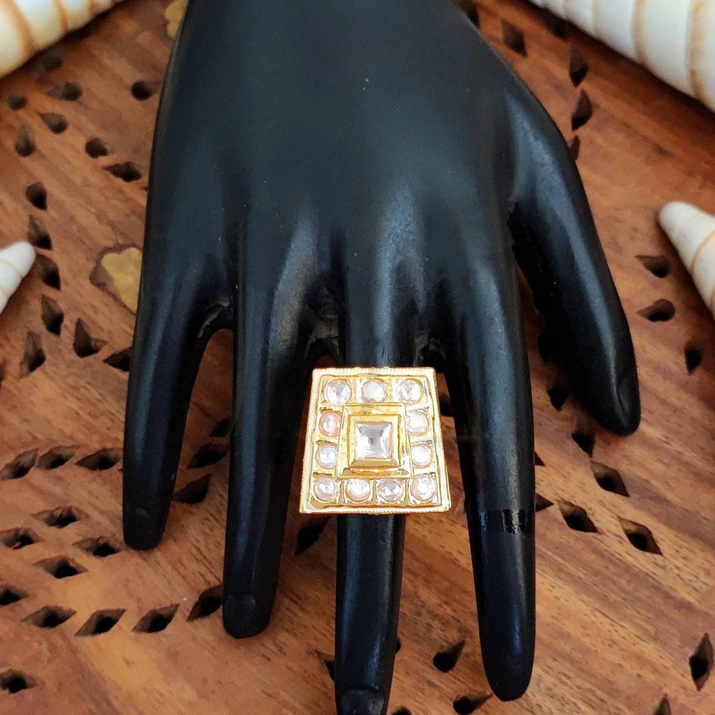 JS Fashion High Gold Square Kundan Adjustable Finger Ring for Women|Royal Square Stone Ring Gift