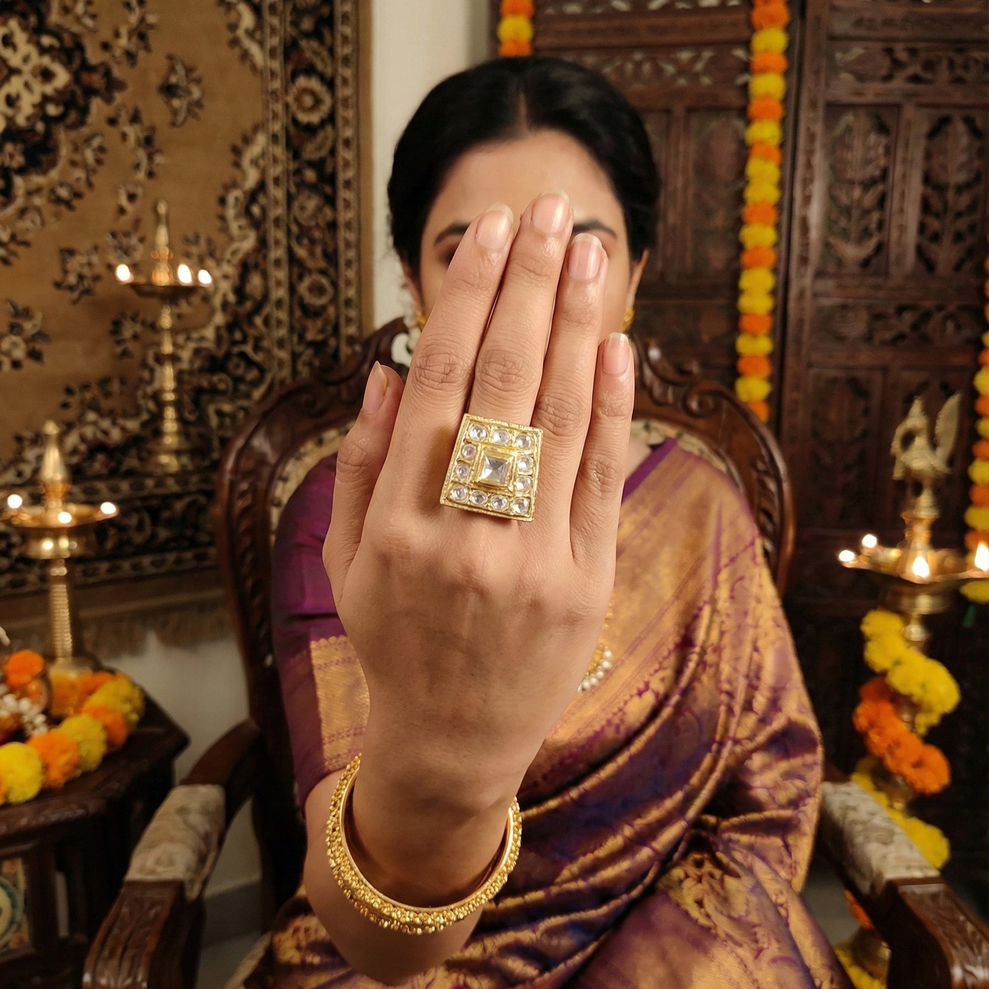 JS Fashion High Gold Square Kundan Adjustable Finger Ring for Women|Royal Square Stone Ring Gift
