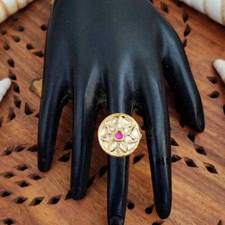 JS Fashion Kundan Design High Gold Polish Round Shape Adjustable Finger Ring for Women|Royal Round Stone Gift