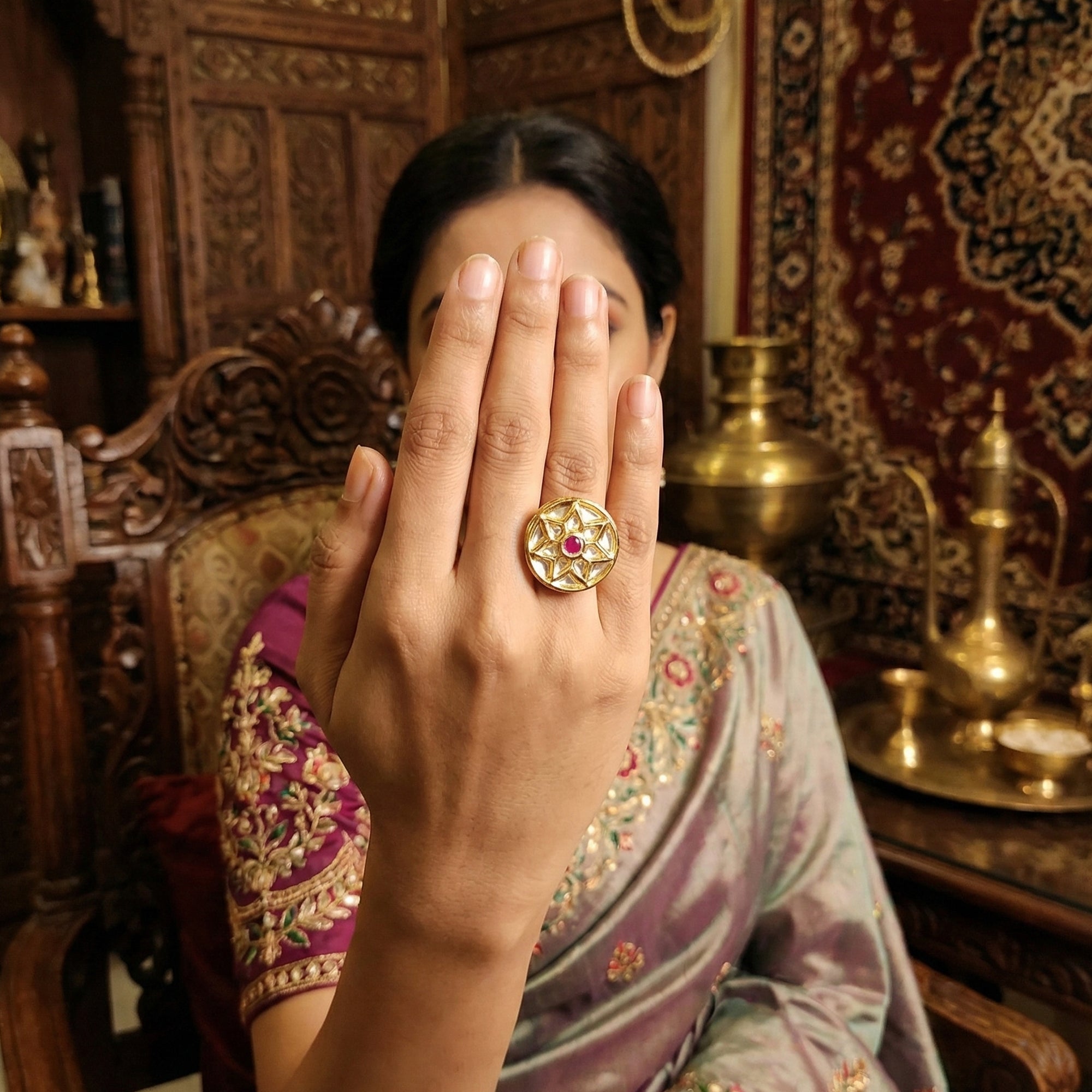 JS Fashion Kundan Design High Gold Polish Round Shape Adjustable Finger Ring for Women|Royal Round Stone Gift - Distacart