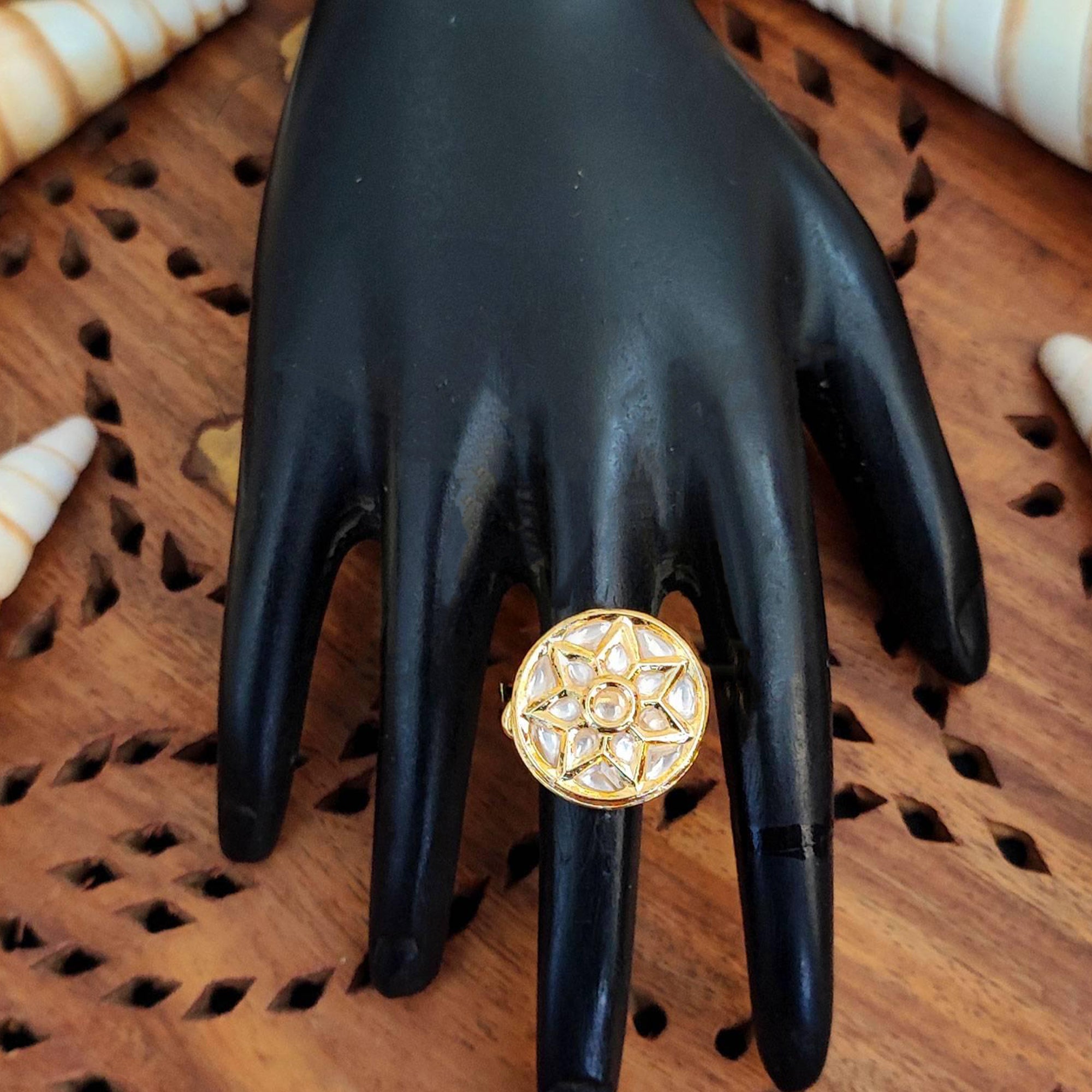 JS Fashion Kundan Design High Gold Polish Round Shape Adjustable Finger Ring for Women|Royal Round Stone Gift