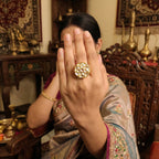 JS Fashion Kundan Design High Gold Polish Round Shape Adjustable Finger Ring for Women|Royal Round Stone Gift