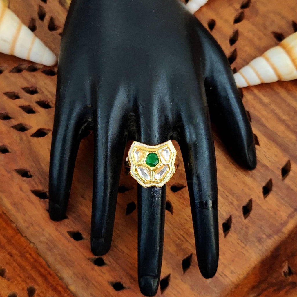 JS Fashion Traditional Kundan Finger Ring with Multi Center Stone High Adjustable Gold Finish for Women|Royal Statement Gift