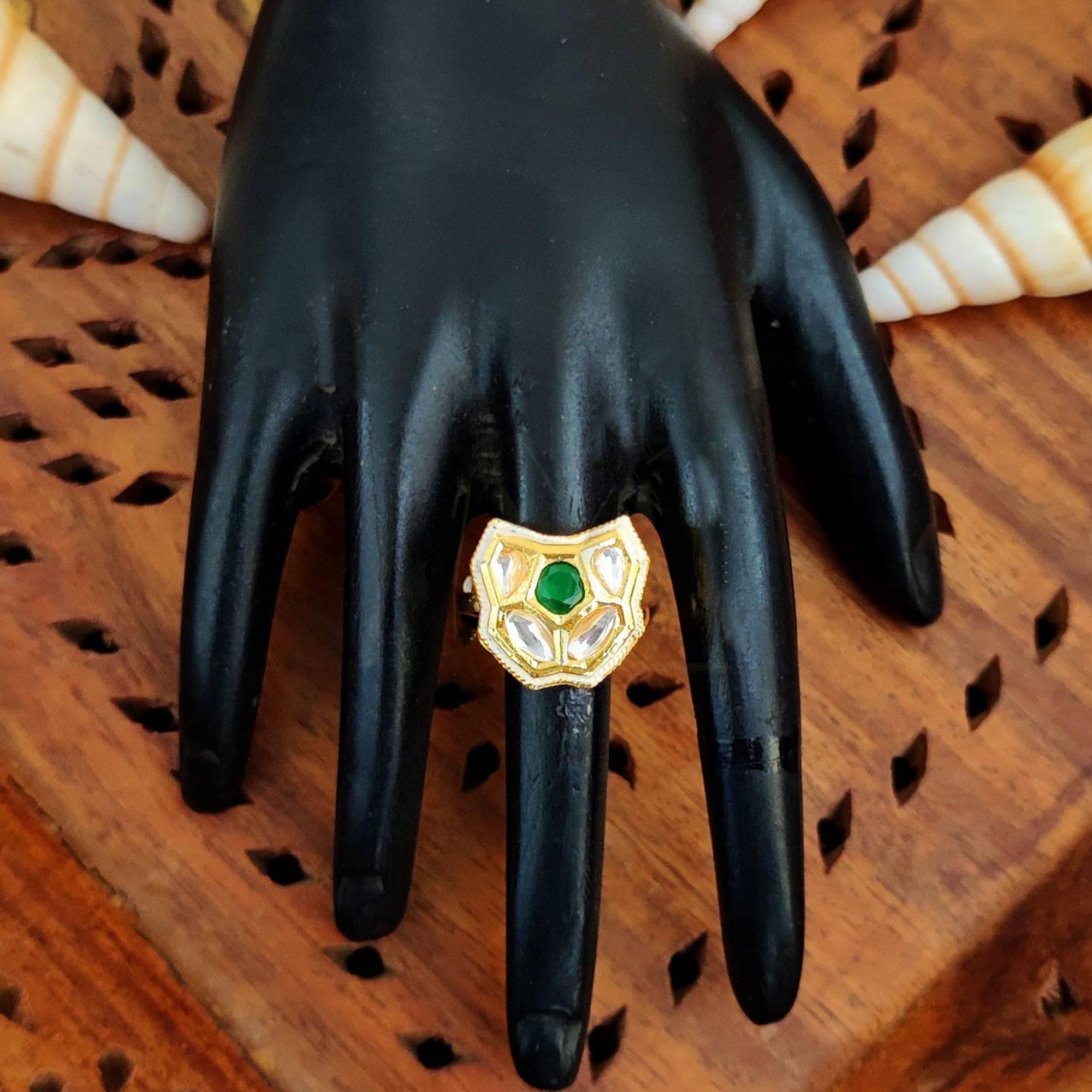 JS Fashion Traditional Kundan Finger Ring with Multi Center Stone High Adjustable Gold Finish for Women|Royal Statement Gift