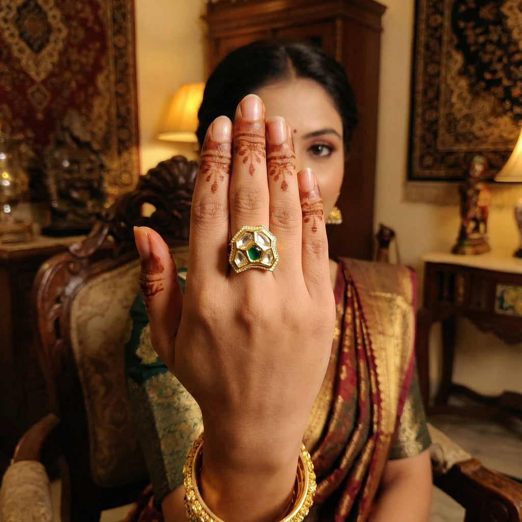 JS Fashion Traditional Kundan Finger Ring with Multi Center Stone High Adjustable Gold Finish for Women|Royal Statement Gift