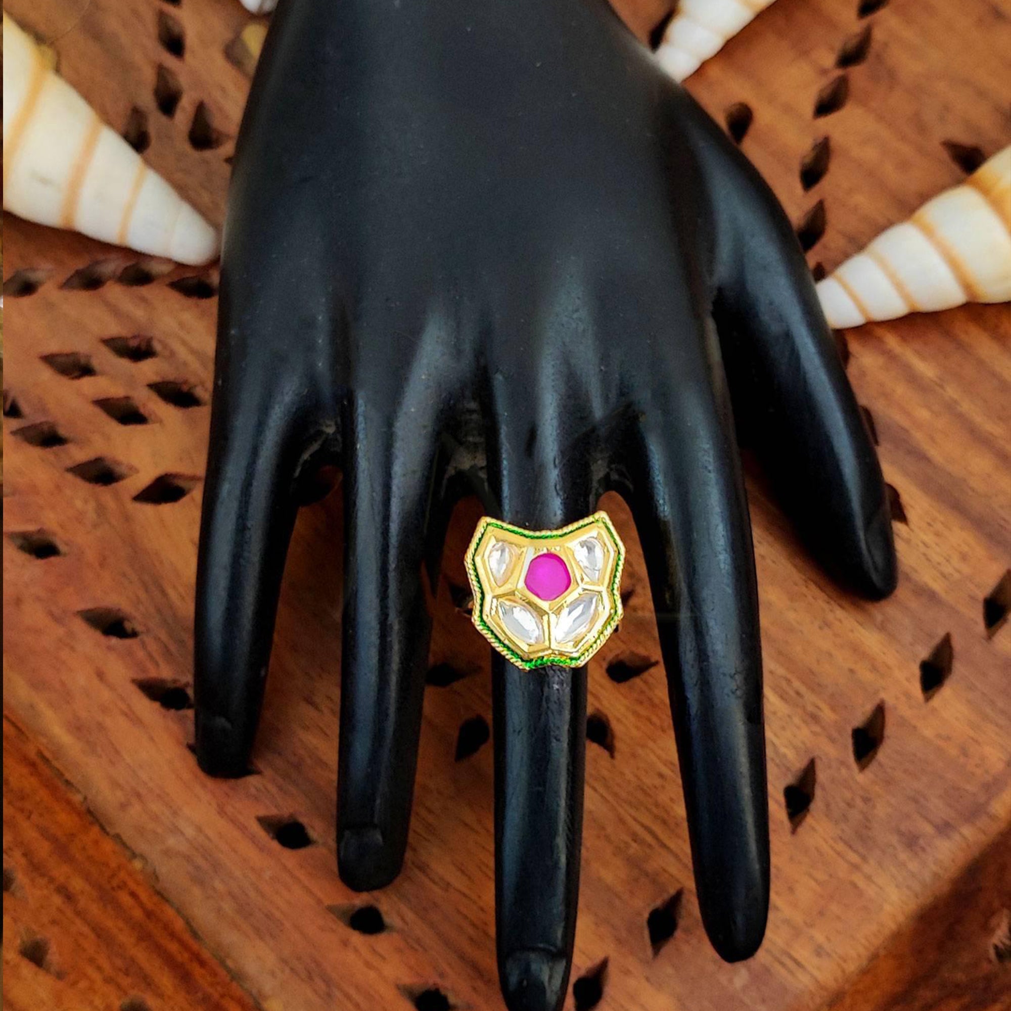 JS Fashion Traditional Kundan Finger Ring with Multi Center Stone High Adjustable Gold Finish for Women|Royal Statement Gift
