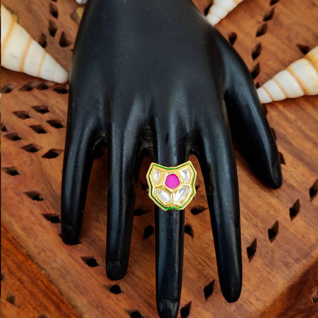 JS Fashion Traditional Kundan Finger Ring with Multi Center Stone High Adjustable Gold Finish for Women|Royal Statement Gift