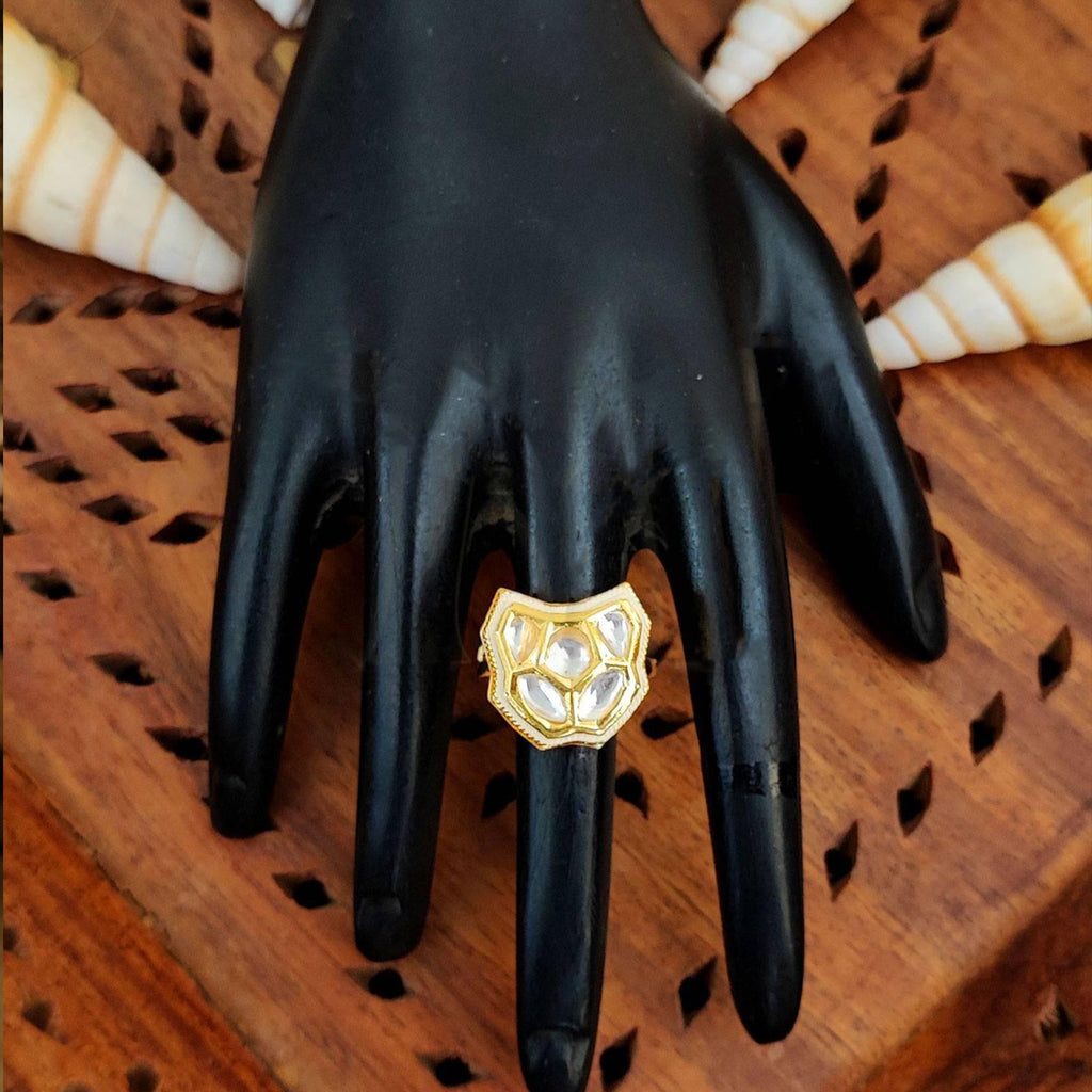 JS Fashion Traditional Kundan Finger Ring with Multi Center Stone High Adjustable Gold Finish for Women|Royal Statement Gift