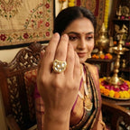 JS Fashion Traditional Kundan Finger Ring with Multi Center Stone High Adjustable Gold Finish for Women|Royal Statement Gift